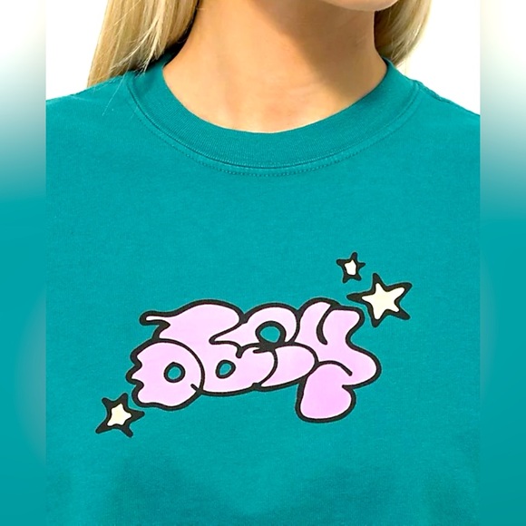 Obey Bubble And Stars Teal Cropped Short Sleeved T-Shirt Size Small - Picture 1 of 3